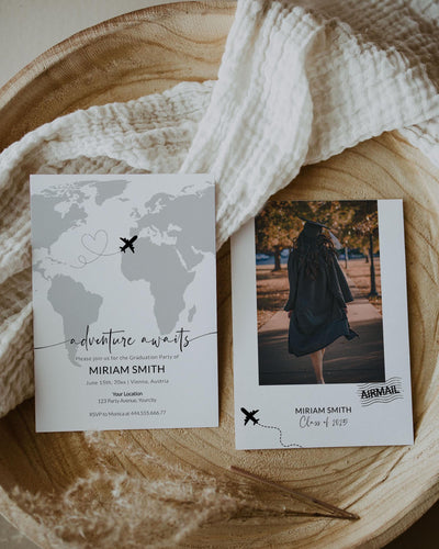 Adventure Awaits Graduation Party Invitation Template Travel-Themed Custom Graduate Invites for High School and College Celebrations #072w - TheLovebirdsDesign