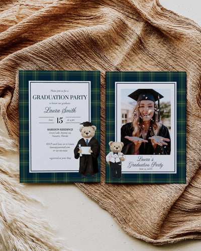 Classic Polo Graduation Party Invitation Luxury Teddy Bear Vintage Plaid Invite Template Editable Class of 2025 Elegant Printable #068 - TheLovebirdsDesign