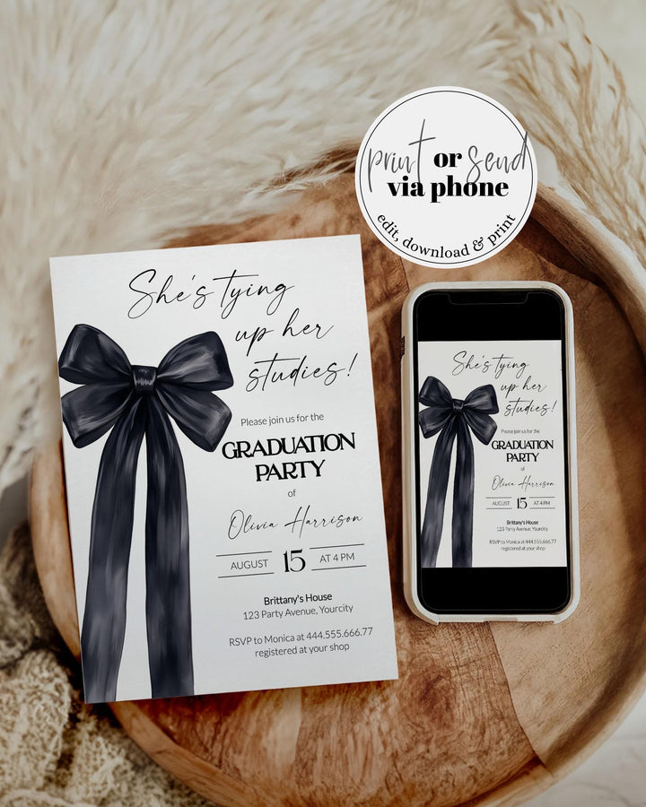Black Bow Graduation Party Invitation for Class of 2025 Classic Coquette Bow Grad Party Invite Printable Ribbon Bow Editable Template #072 - TheLovebirdsDesign