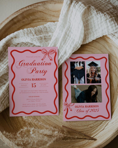 Pink Wavy Frame Graduation Party Invitation Girl Class of 2025 Coquette Grad Party Invite Template for Summer High School or College #072 - TheLovebirdsDesign
