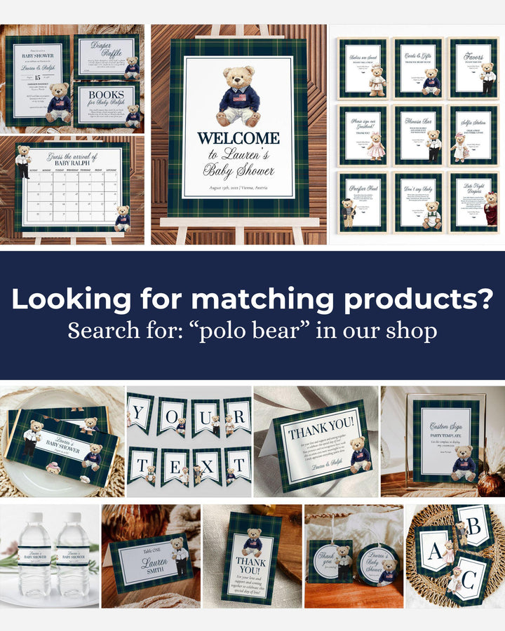 Classic Vintage Ralph Polo Place Cards, Bear Plaid Food Label Templates, Printable Teddy Bear Theme Luxurious Party Decoration Template #068 - TheLovebirdsDesign