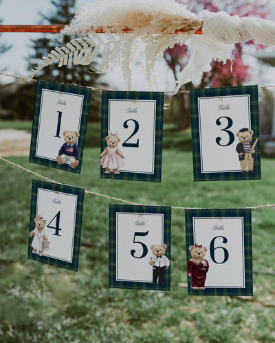 Classic Vintage Ralph Polo Table Numbers Template, Luxury Bear Table Number, Printable Teddy Bear Plaid Elegant Theme Decoration #068 - TheLovebirdsDesign