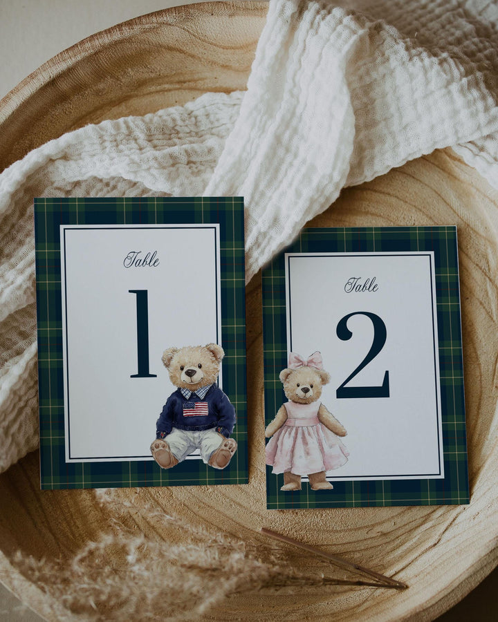 Classic Vintage Ralph Polo Table Numbers Template, Luxury Bear Table Number, Printable Teddy Bear Plaid Elegant Theme Decoration #068 - TheLovebirdsDesign