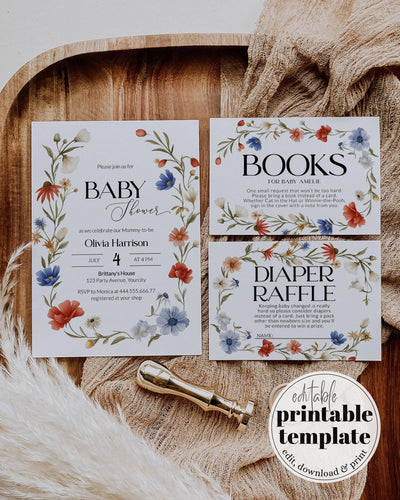 Chic invitation set including a primary baby shower invite and additional cards for rsvp and game details, all featuring a trendy floral theme suitable for an upcoming celebration.