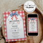 Dual-sided birthday invitation showcasing a playful red, white, and blue theme, with event details for a backyard celebration and a charming illustration of a party girl.