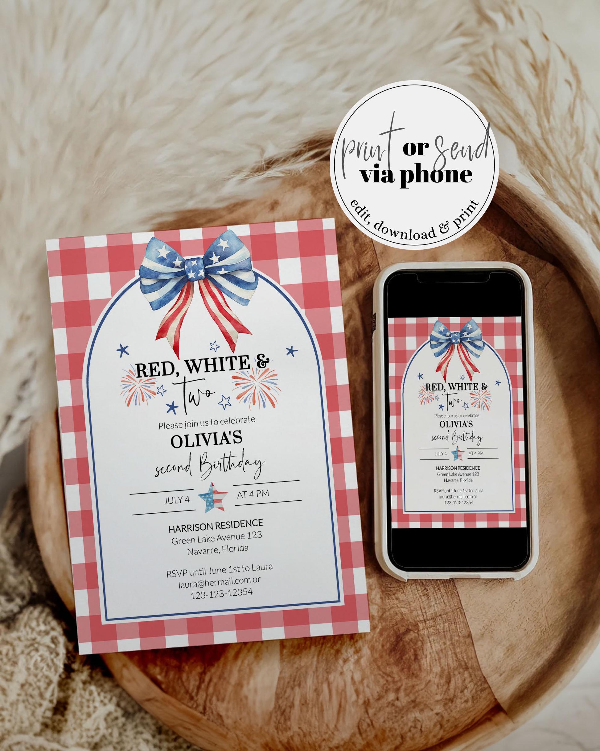 Dual-sided birthday invitation showcasing a playful red, white, and blue theme, with event details for a backyard celebration and a charming illustration of a party girl.