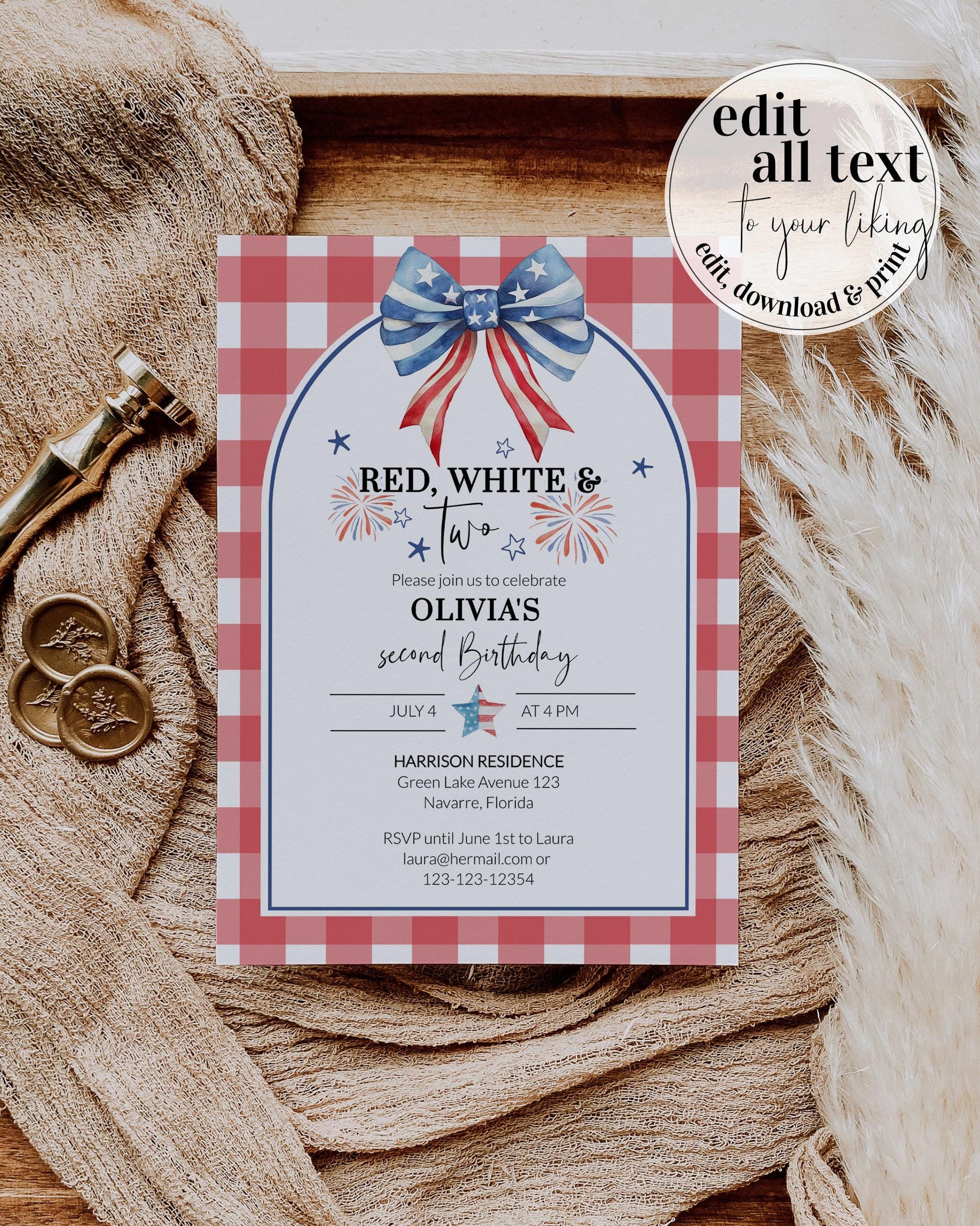 Charming invitation for a second birthday celebration, incorporating Independence Day themes with a cheerful layout, perfect for BBQ parties and summer festivities.