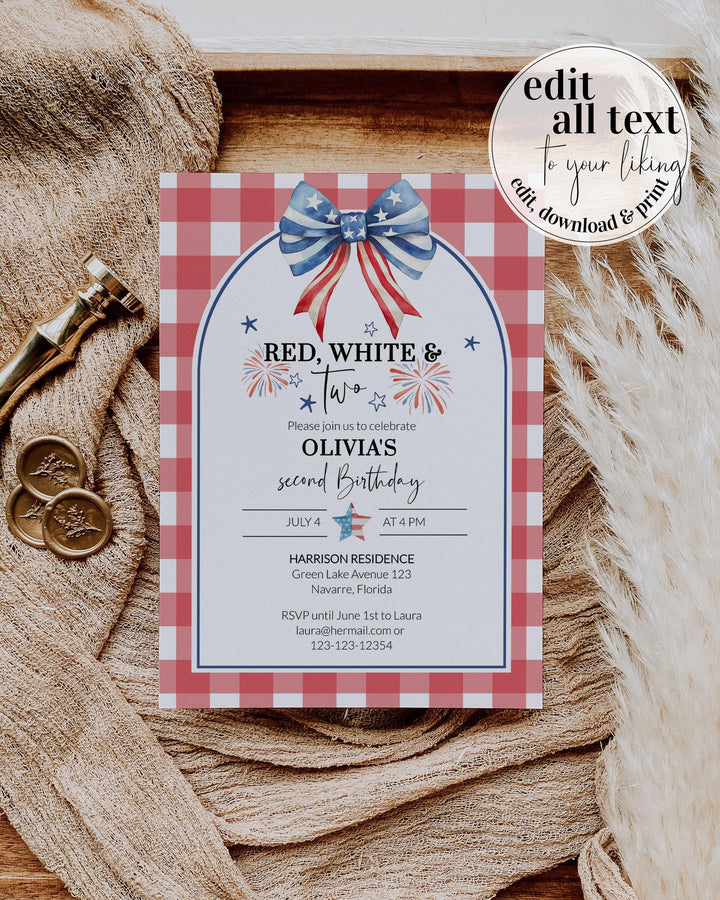 Charming invitation for a second birthday celebration, incorporating Independence Day themes with a cheerful layout, perfect for BBQ parties and summer festivities.
