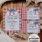 Patriotic 4th of July baby shower invitation featuring a vibrant red gingham background, a USA bow, and festive fireworks illustrations, perfect for celebrating an all-American baby.