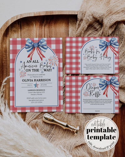 Patriotic 4th of July baby shower invitation featuring a vibrant red gingham background, a USA bow, and festive fireworks illustrations, perfect for celebrating an all-American baby.