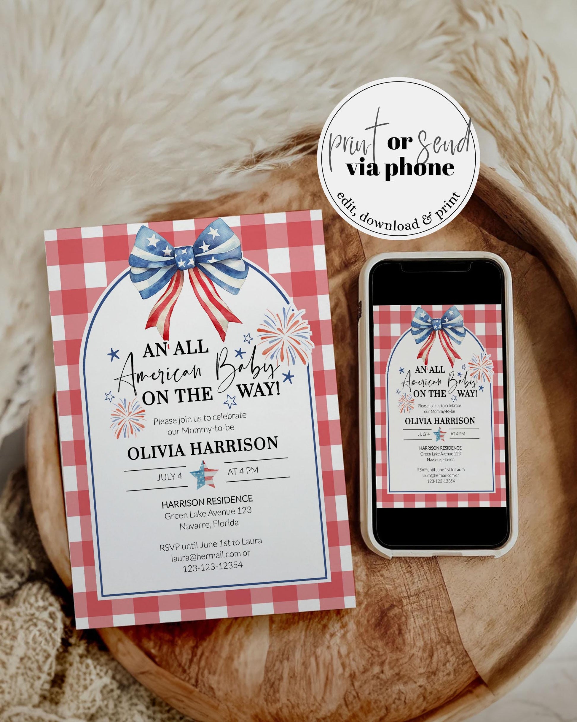 Stylish baby shower invite designed for Independence Day, showcasing the event details for Olivia Harrison&#39;s shower, decorated with red, white, and blue elements and a festive bow.