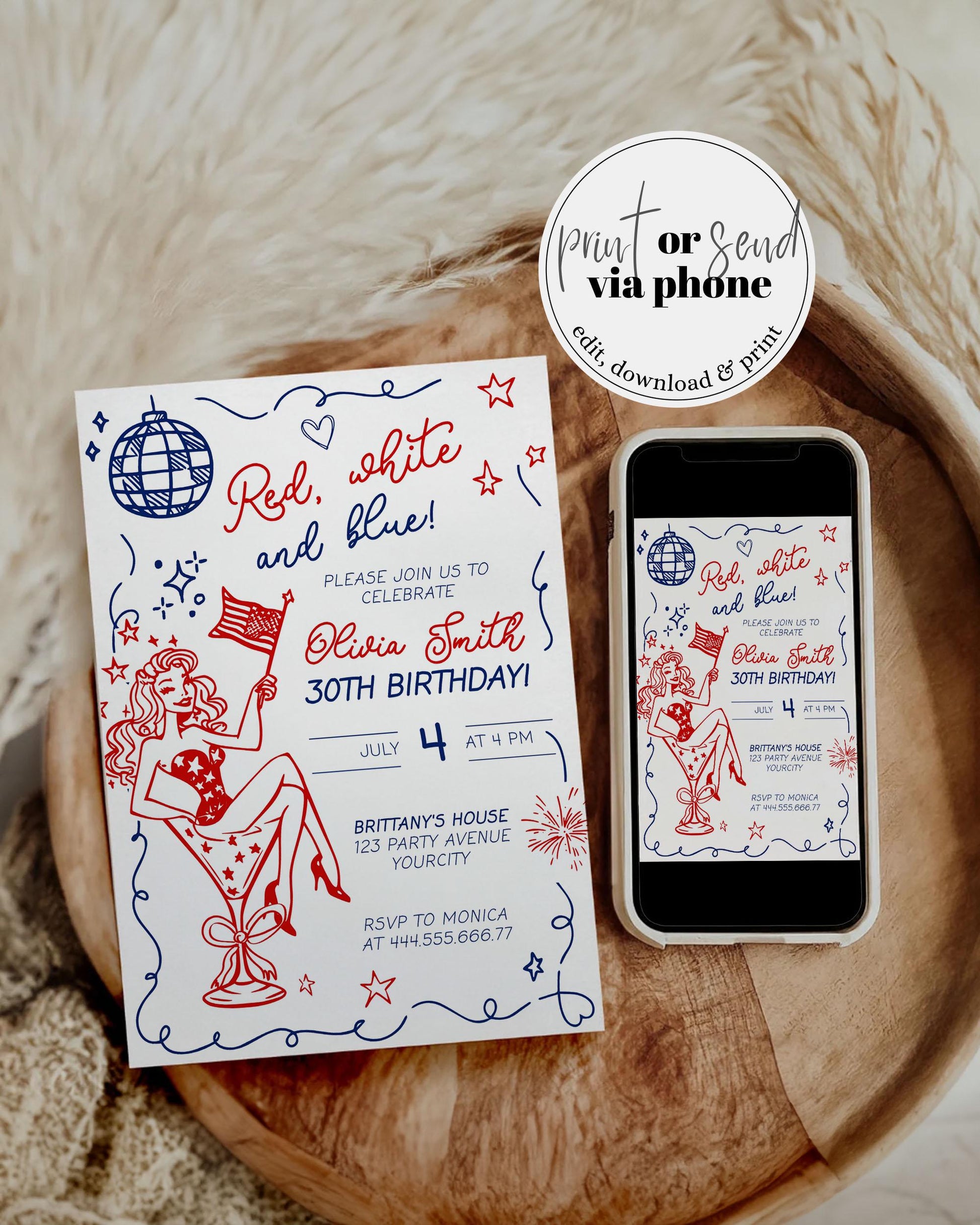 Colorful dual-sided birthday invitation featuring playful illustrations of a party girl, stars, and fireworks, with event details for July 4th