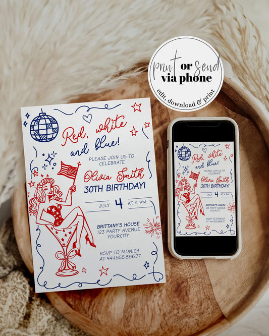 Colorful dual-sided birthday invitation featuring playful illustrations of a party girl, stars, and fireworks, with event details for July 4th