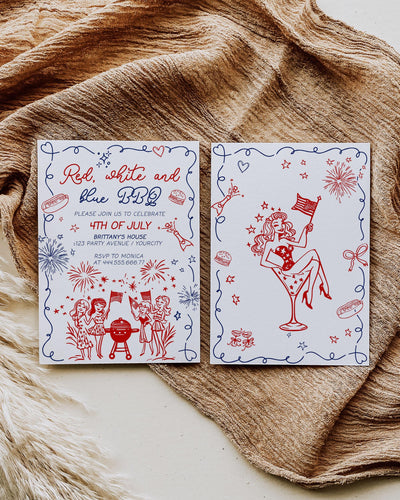 4th of July Backyard BBQ Grill Party Invitation Handwritten Independence Day Barbeque Invite Template Wavy Frame Funky Patriotic Doodle #070 - TheLovebirdsDesign