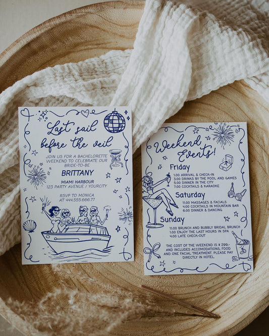 Boat Party Bachelorette Weekend Itinerary Handwritten Yacht Swim Pool Girls Getaway Party Invitation Wavy Frame Funky Doodle Template #070 - TheLovebirdsDesign