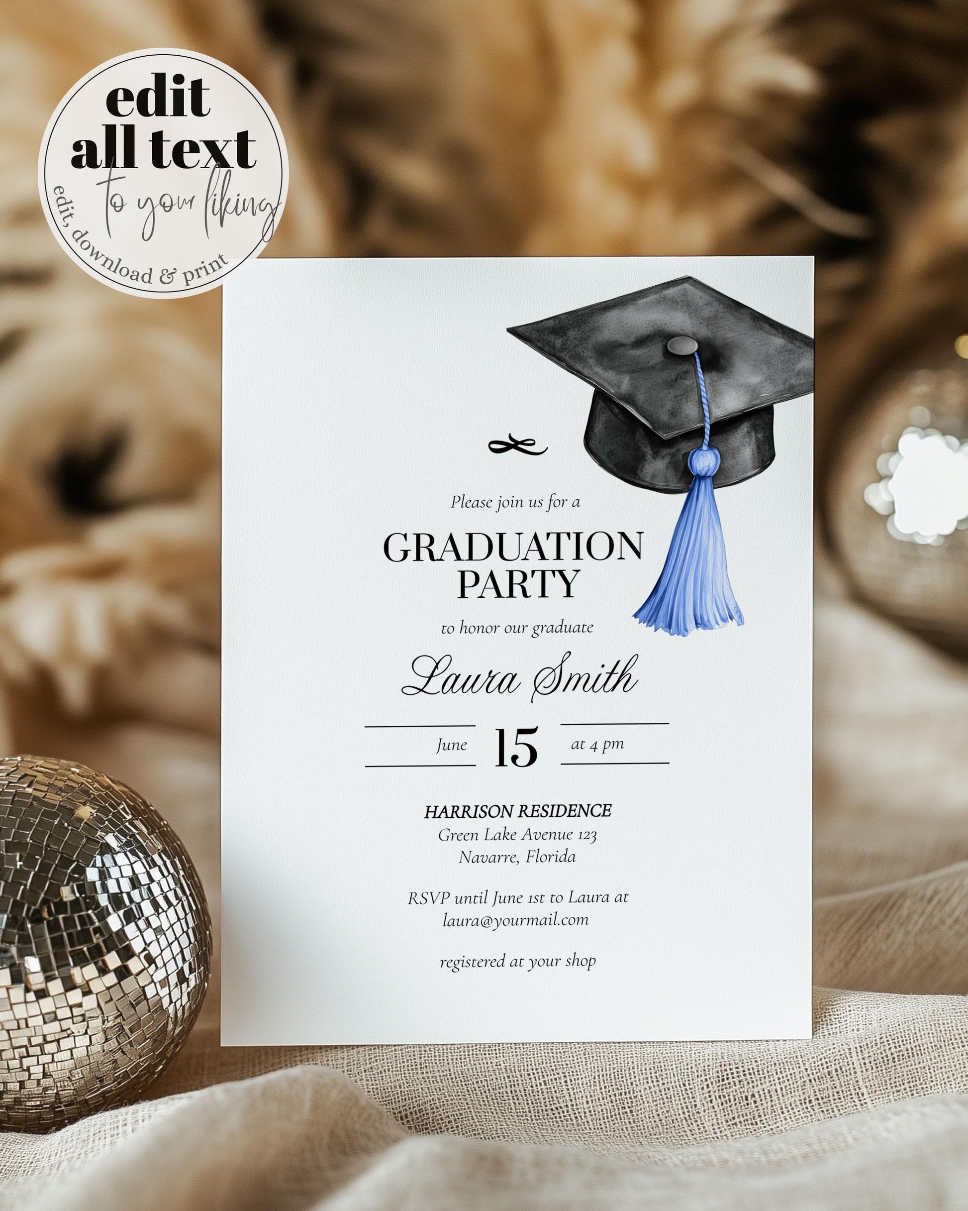 Graduation Party Invitation Editable Blue Tassel Bow Graduation Announcement Class of 2025 College or High School Grad Invite Template #023 - TheLovebirdsDesign