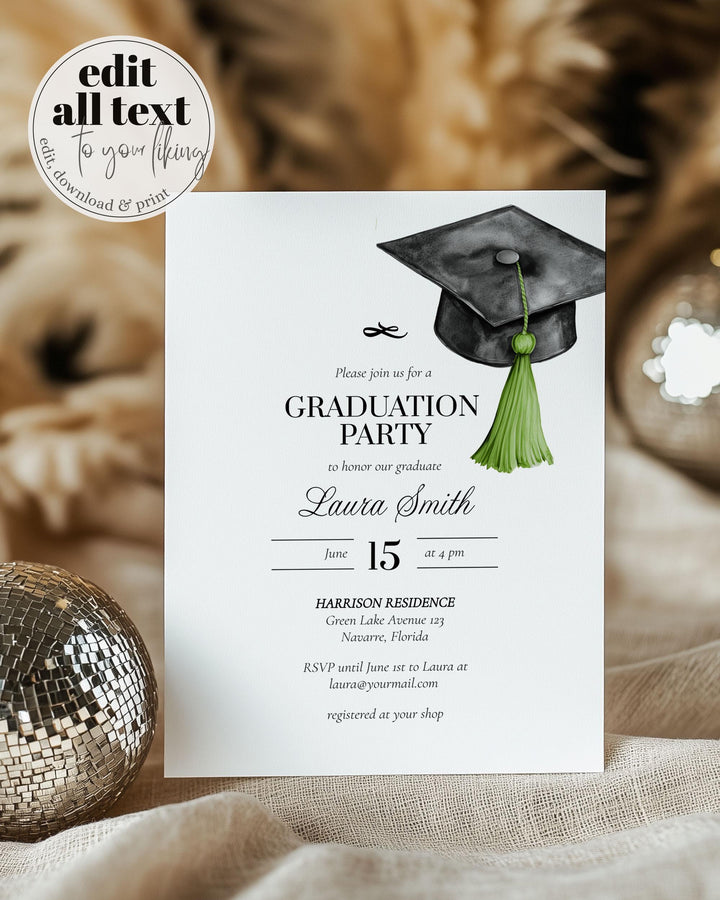 Graduation Party Invitation Editable Green Tassel Bow Graduation Announcement Class of 2025 College or High School Grad Invite Template #023 - TheLovebirdsDesign