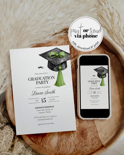 Graduation Party Invitation Editable Green Tassel Bow Graduation Announcement Class of 2025 College or High School Grad Invite Template #023 - TheLovebirdsDesign
