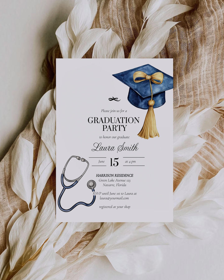Nurse Graduation Party Invitation Editable Stetoscope Bow Graduation Announcement Class of 2025 Editable Printable Grad Invite Template #023 - TheLovebirdsDesign