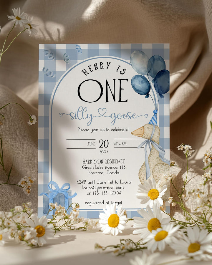 Blue One Silly Goose First Birthday Invitation, Boys Silly Goose Themed Birthday Invite Suite Natural Decor Printable Template #068 - TheLovebirdsDesign
