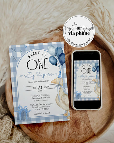 Blue One Silly Goose First Birthday Invitation, Boys Silly Goose Themed Birthday Invite Suite Natural Decor Printable Template #068 - TheLovebirdsDesign