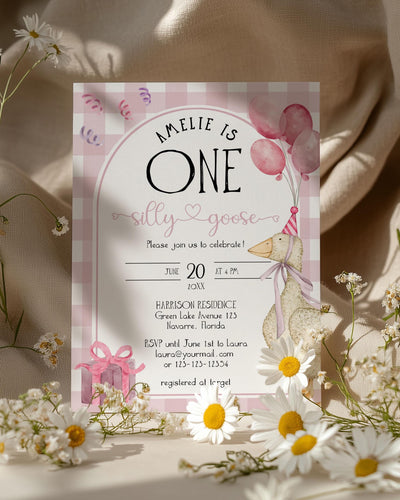 Pink One Silly Goose First Birthday Invitation, Girls Silly Goose Themed Birthday Invite Suite Natural Decor Printable Template #068 - TheLovebirdsDesign