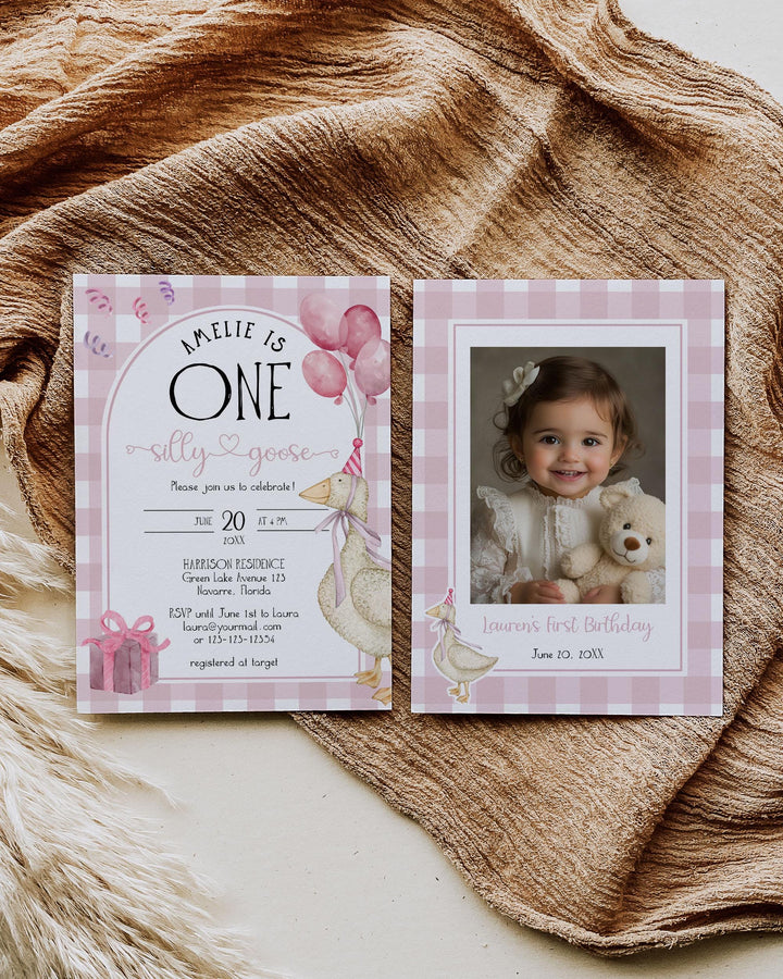 Pink One Silly Goose First Birthday Invitation, Girls Silly Goose Themed Birthday Invite Suite Natural Decor Printable Template #068 - TheLovebirdsDesign