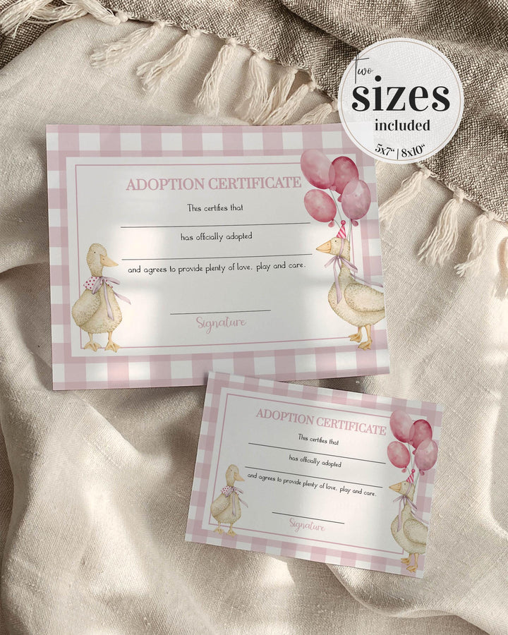 One Silly Goose Blue Adoption Party Game Certificate Girls First Birthday Decorations, Pink Adopt a Pet Party Decor Printable Template #068 - TheLovebirdsDesign