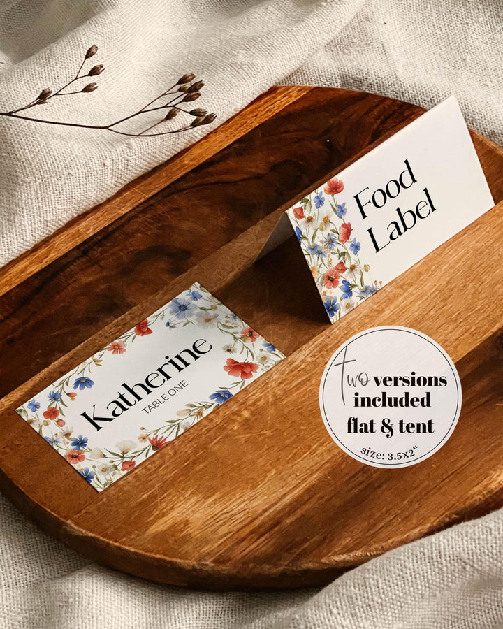 Wildflower 4th of July Place Cards Template Red White and Blue Floral Food Labels for Independence Day Baby Shower or Birthday BBQ #072 - TheLovebirdsDesign