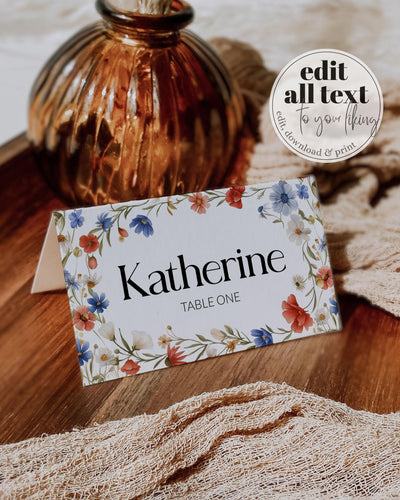 Wildflower 4th of July Place Cards Template Red White and Blue Floral Food Labels for Independence Day Baby Shower or Birthday BBQ #072 - TheLovebirdsDesign