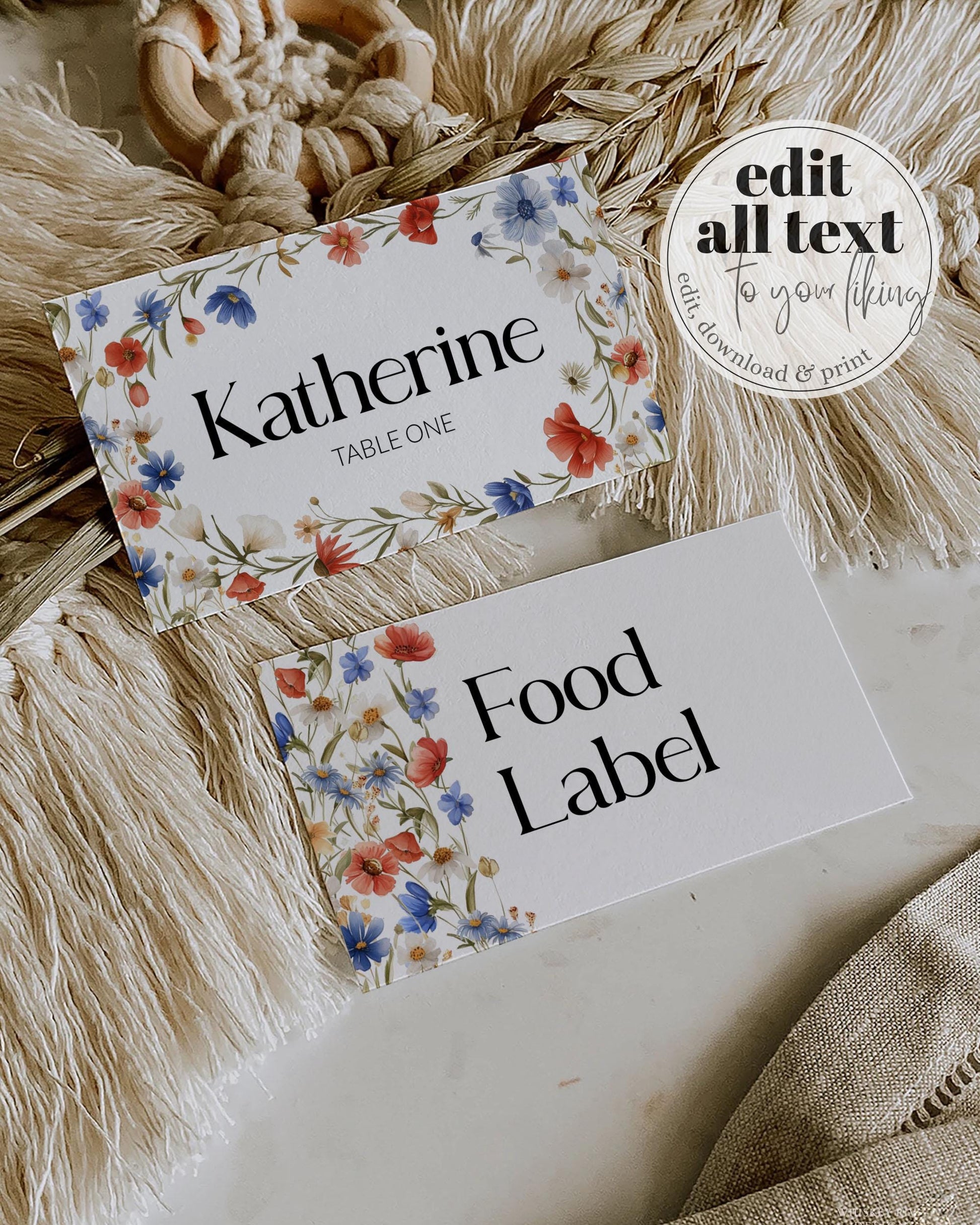 Wildflower 4th of July Place Cards Template Red White and Blue Floral Food Labels for Independence Day Baby Shower or Birthday BBQ #072 - TheLovebirdsDesign