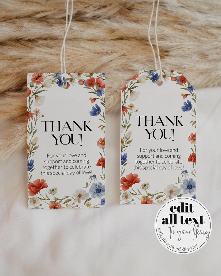 Wildflower 4th of July Baby Shower Favor Tags Template Red White and Blue Floral Thank you Tag Sticker for Independence Day BBQ Grillout#072 - TheLovebirdsDesign