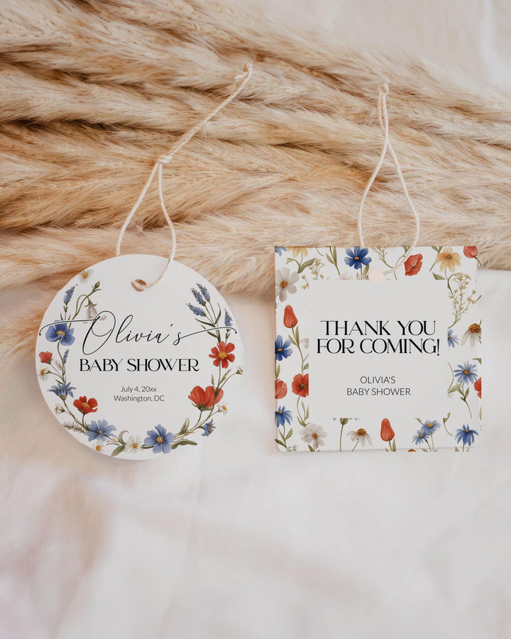 Wildflower 4th of July Baby Shower Favor Tags Template Red White and Blue Floral Thank you Tag Sticker for Independence Day BBQ Grillout#072 - TheLovebirdsDesign