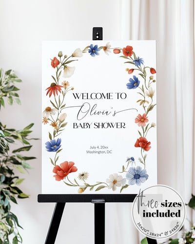 Wildflower 4th of July Baby Shower Welcome Sign Template Red White and Blue Floral Baby Shower Decor for Independence Day BBQ Grillout #072 - TheLovebirdsDesign