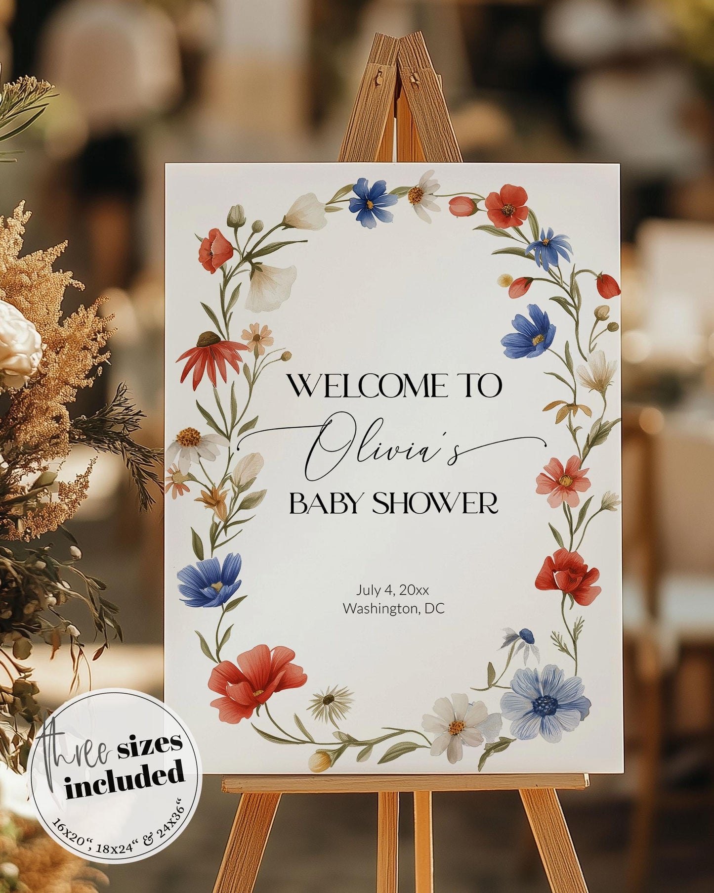 Wildflower 4th of July Baby Shower Welcome Sign Template Red White and Blue Floral Baby Shower Decor for Independence Day BBQ Grillout #072 - TheLovebirdsDesign