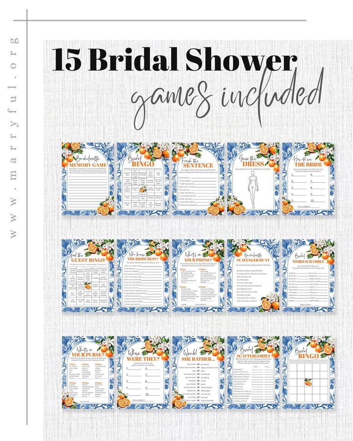 Orange Bridal Shower Bundle Blue Toile de Jouy Amalfi Orange Spritz Bridal Shower Invitation Suite Mediterranean Dolce Vita Template #072 - TheLovebirdsDesign