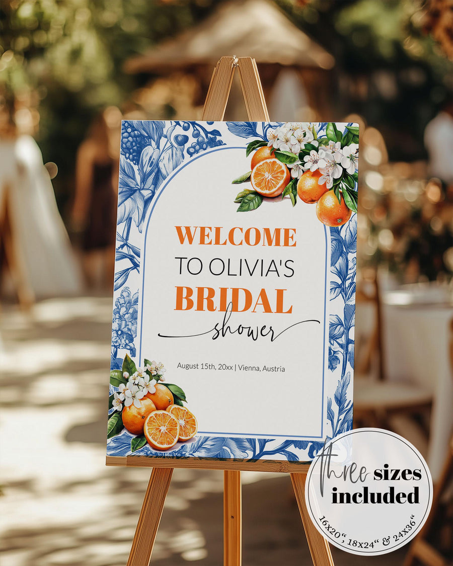 Amalfi Coast Welcome Sign, Orange Blue Toile Bridal or Baby Shower Template 102OR-WLCM - marryful.org