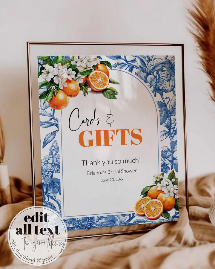 Orange Blue Tile Editable Party Signs for Bridal Shower or Cutie Baby Shower Amalfi Coast Positano Theme Bachelorette Decor Template #072 - TheLovebirdsDesign