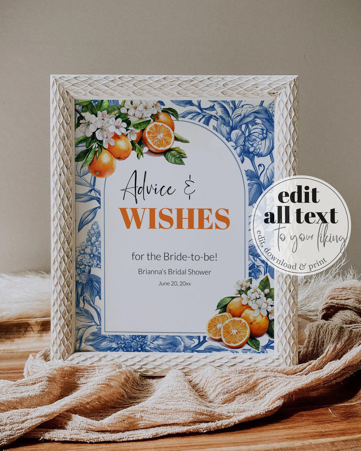 Orange Blue Tile Editable Party Signs for Bridal Shower or Cutie Baby Shower Amalfi Coast Positano Theme Bachelorette Decor Template #072 - TheLovebirdsDesign