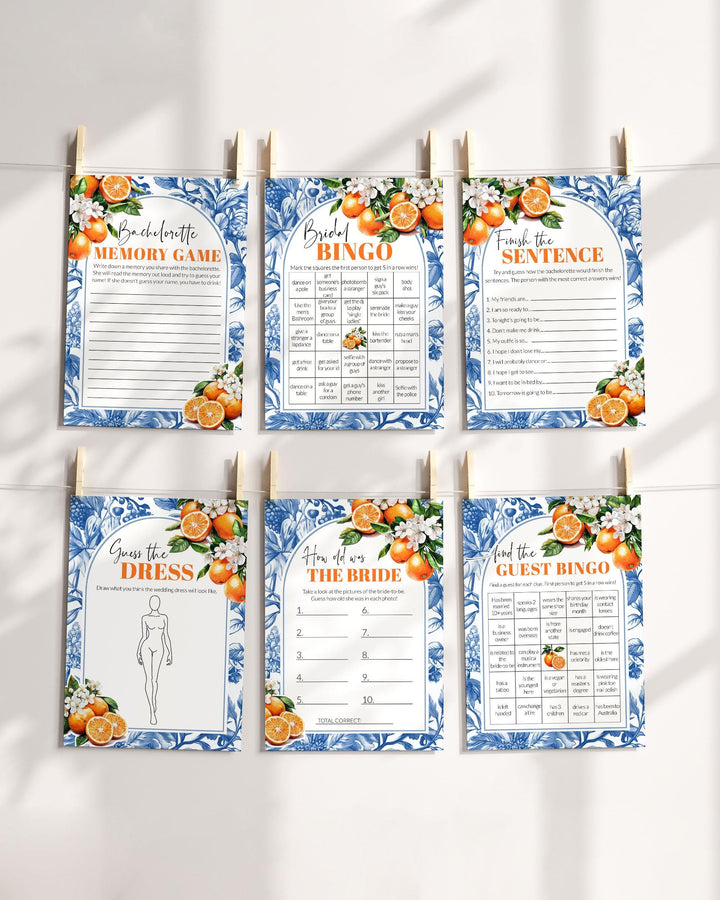 Blue Orange Tile Bridal Shower Game Bundle for Mediterranean Bachelorette at the Sea Amalfi Coast Positano theme Party Game Templates #072 - TheLovebirdsDesign
