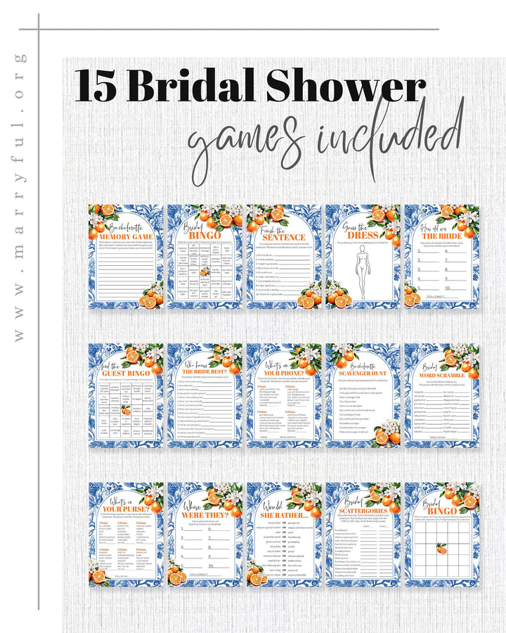 Blue Orange Tile Bridal Shower Game Bundle for Mediterranean Bachelorette at the Sea Amalfi Coast Positano theme Party Game Templates #072 - TheLovebirdsDesign