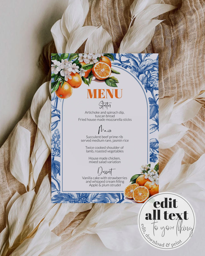 Orange Blue Toile Menu Cards Amalfi Coast Mediterranean Blue Tile and Oranges Positano theme editable Citrus Orange Menu Card Template #072 - TheLovebirdsDesign