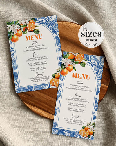 Orange Blue Toile Menu Cards Amalfi Coast Mediterranean Blue Tile and Oranges Positano theme editable Citrus Orange Menu Card Template #072 - TheLovebirdsDesign