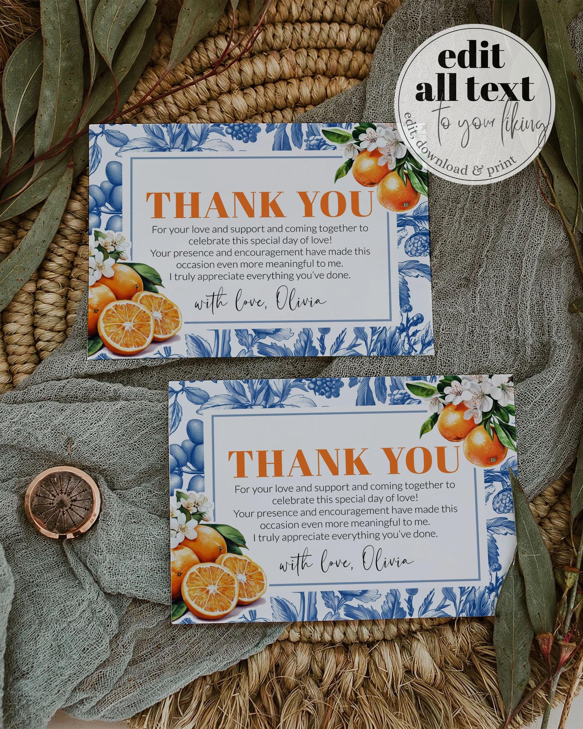 Orange Toile Thank you Card Amalfi Coast Thank you note with Citrus Positano Theme Something Blue Bridal or Cutie Baby Shower Template #072 - TheLovebirdsDesign