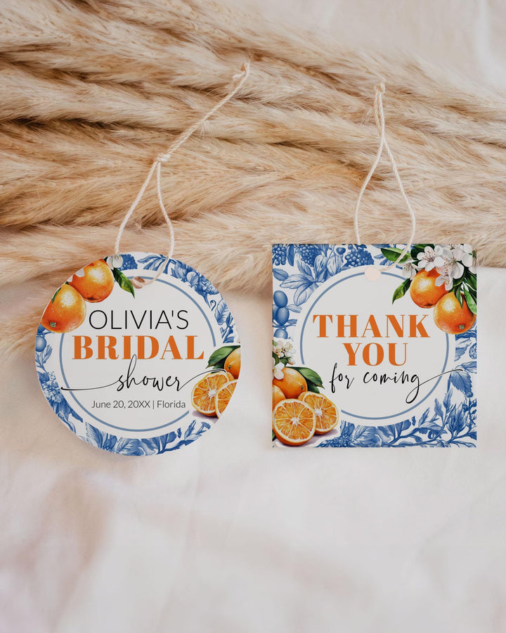 Blue Toile Tiles Orange Amalfi Coast Favor Tags for Guest Gift Bags Toile de Jouy Positano Label Mediterranean Cutie Shower Template #072 - TheLovebirdsDesign