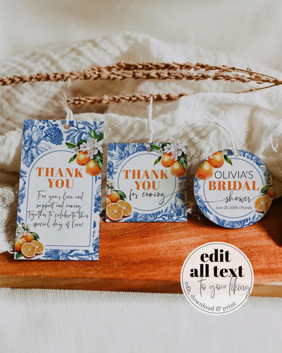 Blue Toile Tiles Orange Amalfi Coast Favor Tags for Guest Gift Bags Toile de Jouy Positano Label Mediterranean Cutie Shower Template #072 - TheLovebirdsDesign
