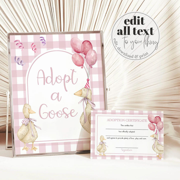 One Silly Goose Blue Adoption Party Game Certificate Girls First Birthday Decorations, Pink Adopt a Pet Party Decor Printable Template #068 - TheLovebirdsDesign