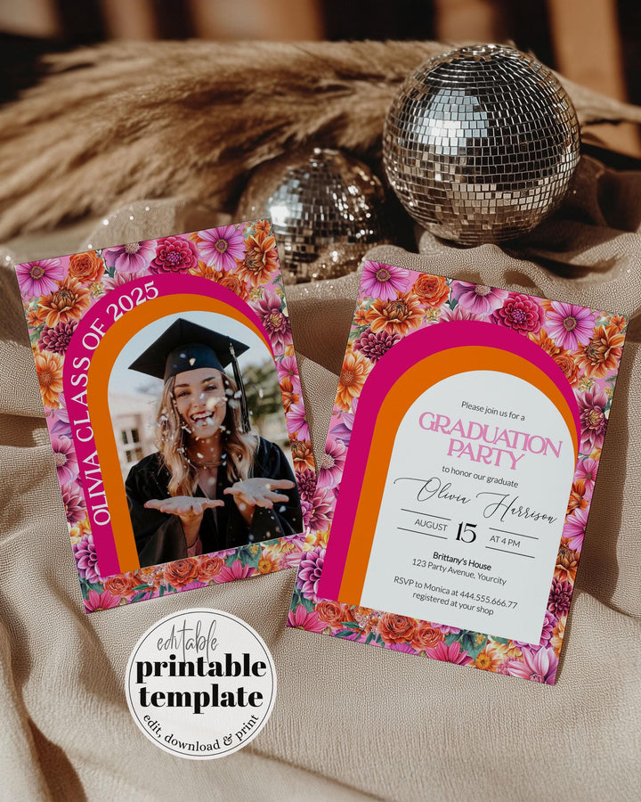 Pink Orange Graduation Party Invitation Template Vibrant Pink Class of 2025 Grad Invite Summer Garden Floral Graduation Brunch Party #072 - TheLovebirdsDesign