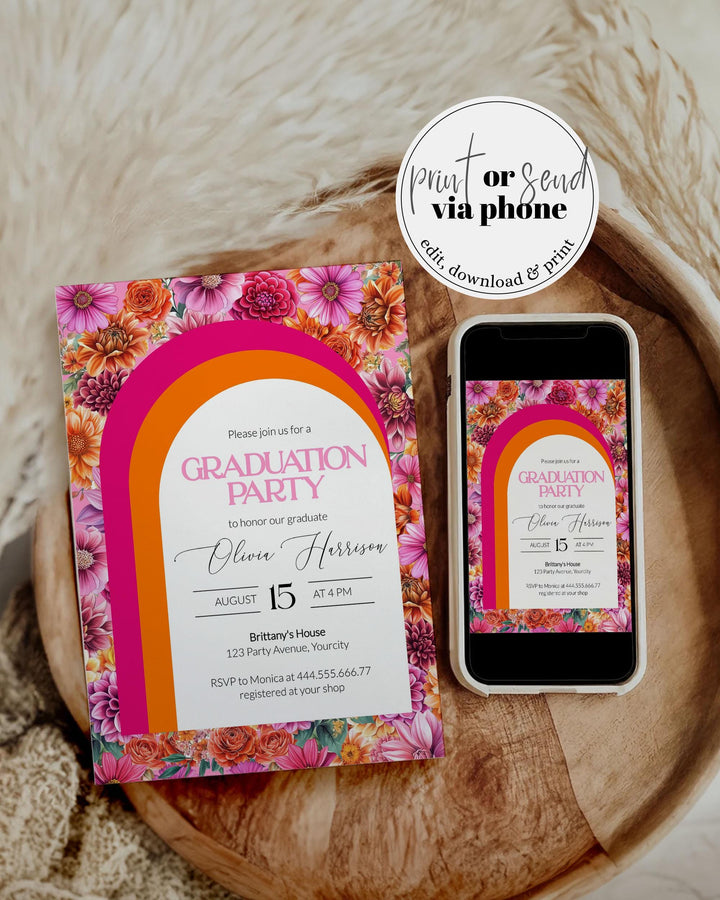 Pink Orange Graduation Party Invitation Template Vibrant Pink Class of 2025 Grad Invite Summer Garden Floral Graduation Brunch Party #072 - TheLovebirdsDesign