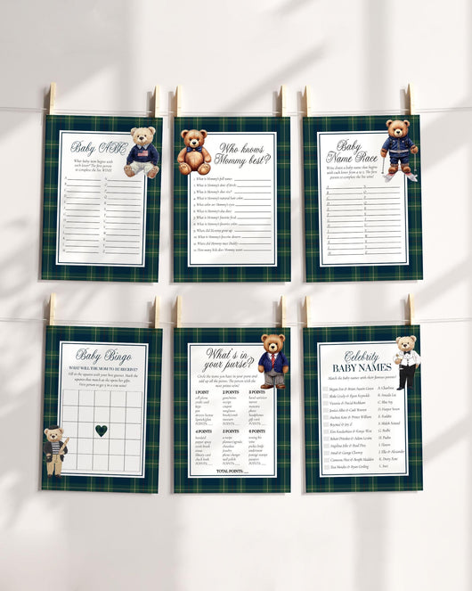 Vintage Polo Teddy Baby Shower Game Bundle, Classic Baby Sprinkle Games for Boys, Editable Luxury Bear with Plaid Printable Templates #068 - TheLovebirdsDesign